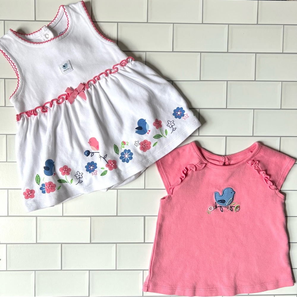 12M🕊️ Absorba Paris Bird Floral Embroidered Skirted Bodysuit & Short Sleeve Tee